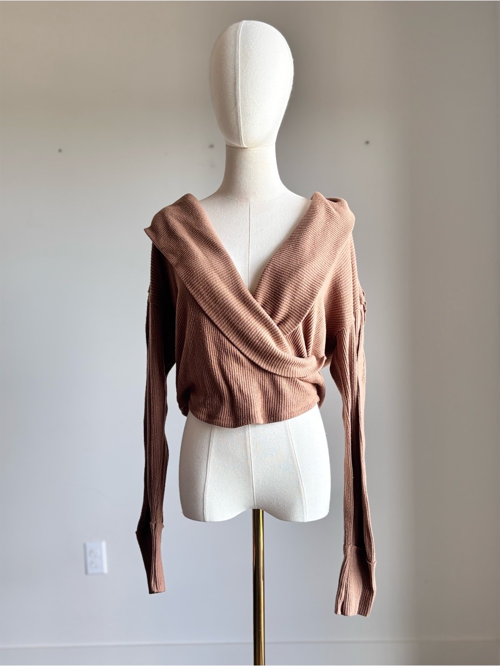 Free People Brown Ribbed Wrap Hoodie Sweater